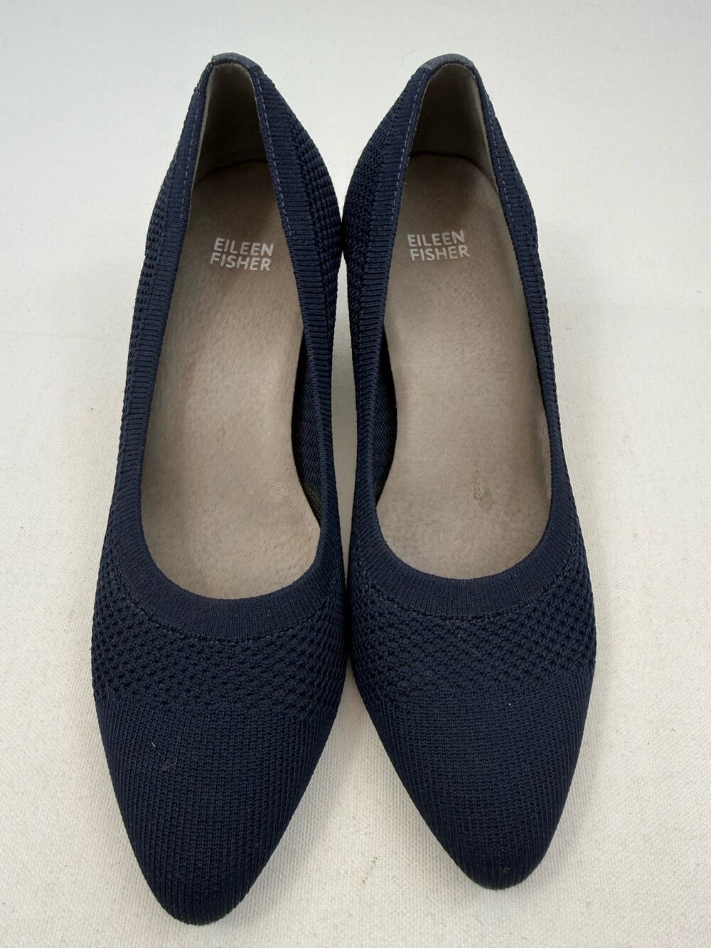 Eileen Fisher Kiss Navy Knit Block Heel Pumps 7.5 Office Comfort Classic Capsule
